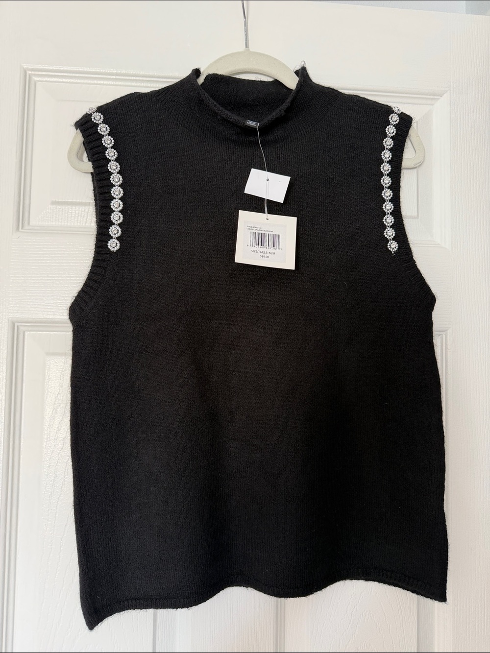 Ellen Tracy Black Sleeveless Knit Shell with Beaded Shoulder Trim